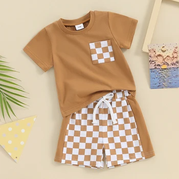 Летняя одежда из 2 предметов для маленьких мальчиков, топы с короткими рукавами, шорты с рисунком шахматной доски, комплект одежды для малышей