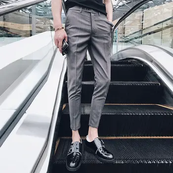 Высококачественные однотонные Широкие брюки, Мужские деловые брюки длинной длины, Прямые Корейские Серо-Черные Строгие брюки для костюма, Мужские A35