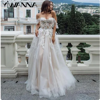 Элегантное платье с открытыми плечами для невесты, классические кружевные аппликации, свадебное платье, Простое свадебное платье трапециевидной формы длиной до пола.