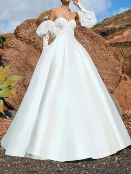 2023 Сексуальное Белое Бальное Свадебное Платье С Длинными Пышными Рукавами И Кружевными Аппликациями В виде Сердечка, Атласное Свадебное Длинное Платье vestido de novia encaje