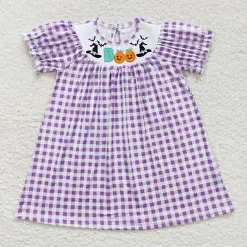 Оптовая продажа Детской Одежды для Маленьких девочек, Детская Одежда, Вышитая шляпа, фиолетовое клетчатое платье с короткими рукавами, бутик-юбка