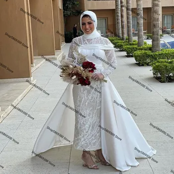 Мусульманские Свадебные Платья Русалки длиной до щиколоток со Съемным Шлейфом 2021, Кружевное Пятно На Шее, Расшитое Бисером, Арабский Кафтан, Свадебное Платье