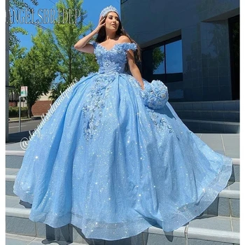 ANGELSBRIDEP Небесно-голубые пышные платья, бальное платье, расшитое бисером, 3D цветы, торжественный выпускной, вечеринка по случаю дня рождения, платье принцессы Sweet 15 16