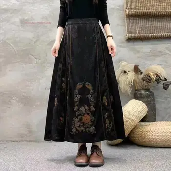 2024 китайская винтажная юбка с национальной цветочной вышивкой, атласная жаккардовая юбка, восточная традиционная улучшенная народная юбка а-силуэта