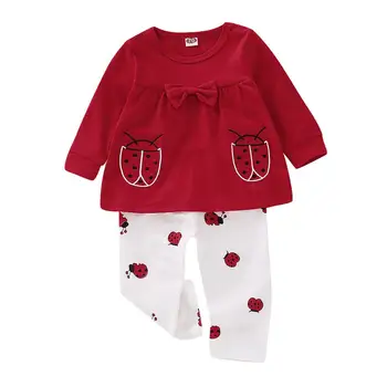 Комплект одежды для маленьких девочек, 2 предмета, одежда для малышей с длинными рукавами и рисунком Божьей коровки, комплект одежды для малышей, красный, белый