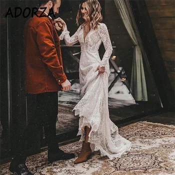 Свадебное платье ADORZA, длинные рукава, кружевные аппликации, свадебное платье, элегантный вырез сзади, V-образный вырез, Придворный шлейф, Vestido De Noiva для невесты