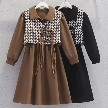 Детская одежда, платье для девочек, весенне-осенняя детская корейская версия, модный жилет + однотонное платье, комплект из двух предметов