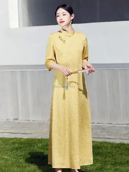 2023 осень, новое улучшенное платье-чонсам с разрезом в китайском стиле, винтажный семиточечный рукав, воротник-стойка, свободное женское платье-чонсам s744