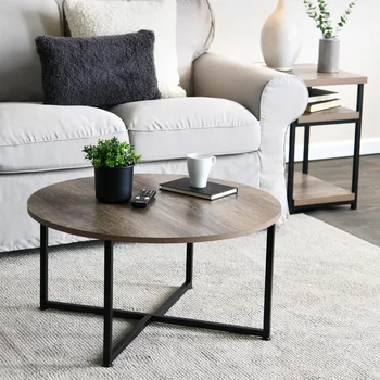 Круглый журнальный столик из ясеня, текстура дерева в деревенском стиле и черный металл 31,5 X 31,5, темно-серый, Мебель для гостиной