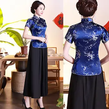 Женская тонкая блузка с цветущей китайской сливой, короткий рукав, воротник-стойка, пуговицы, рубашка