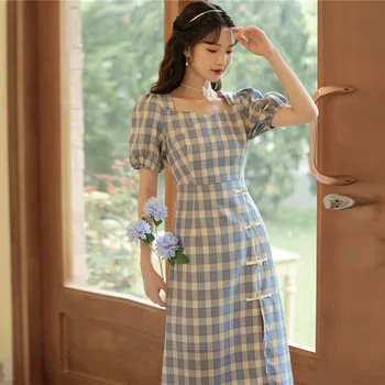 Клетчатый чонсам улучшенное платье 2024 новое летнее для молодой девушки студенческое Ретро Современный китайский стиль