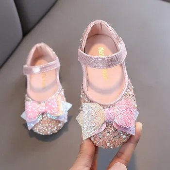 AINYFU/ Детская кожаная обувь с блестками 2023, весенняя обувь принцессы для девочек с бантом и стразами, детская обувь на плоской подошве с жемчугом, H533