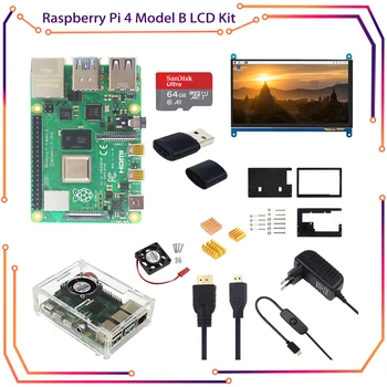 Комплект ЖК-дисплея Raspberry Pi 4 Model B + 7-дюймовый Сенсорный экран + Держатель + 64 ГБ SD-карты + Вентилятор + Радиатор + Питание RPI9