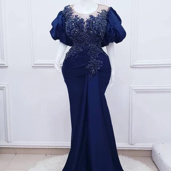 Темно-синие атласные платья Русалки с круглым вырезом, короткие рукава, аппликации из бисера, плюс размер, официальное вечернее платье Русалки для женщин
