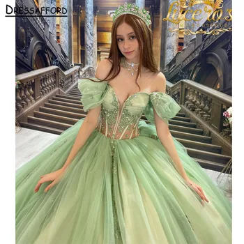 Мятно-зеленые пышные платья Розовые 3D цветы С цветочными аппликациями Кружевное бальное платье с открытыми плечами Корсет Vestidos De XV Anos