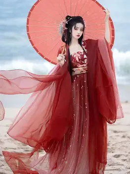 Вышитая рубашка с большим рукавом в стиле ретро династии Ханфу Тан, юбка Хэзи, Весенне-осенний красный комплект