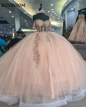 Принцесса Светло-Розовое Бальное платье С Цветочными Аппликациями, Пышное Платье 2023, Милая Вечеринка С Открытыми Плечами, Сладкое 15 Vestidos De 15 Años
