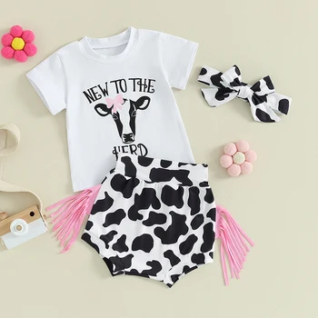 Одежда в западном стиле для маленьких девочек, Футболка в западном стиле с коровами, Топ, шаровары с кисточками, Шорты, повязка на голову, Летняя одежда