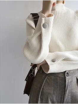 Женский свитер, пуловеры с круглым вырезом, вязаный женский топ с длинным рукавом, Корейская мода, Y2k, половина рукава с высоким воротом, базовый слой, чистый свитер