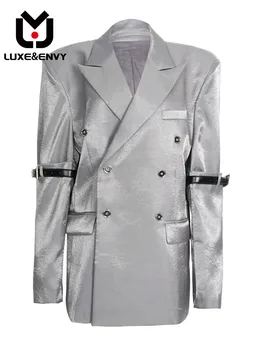 LUXE & ENVY Новое модное пальто свободного кроя с серебристым рукавом и поясом, бейсбольный костюм для женщин, осень 2023 г.