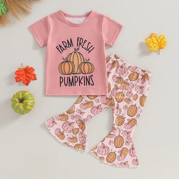 Одежда для маленьких девочек на Хэллоуин, футболка с короткими рукавами в виде тыквы, топы, расклешенные брюки-клеш, комплект одежды