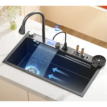 Цифровой дисплей, раковина с водопадом Feiyu, раковина для мытья посуды из нержавеющей стали 304, Кухонный умывальник для овощей Nano, Большая одинарная раковина