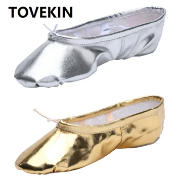 Качественная обувь для танца живота TOVEKIN цвета: золотистый, серебристый, из искусственной кожи для йоги, мягкая подошва, спортивная балетная танцевальная обувь для девочек, женщин