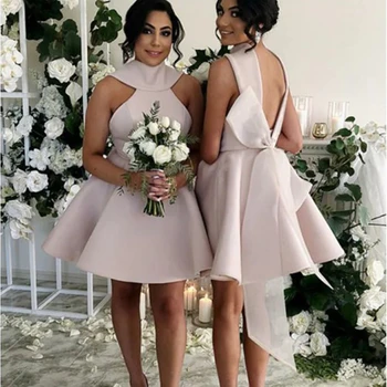 Короткие розовые платья подружек невесты без рукавов Fancy Jewel с бантом, свадебное платье для гостей, короткое платье для выпускного вечера
