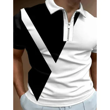 Деловая повседневная мужская рубашка поло в геометрическую полоску с 3D принтом, уличные топы для гольфа с коротким рукавом и отворотом на молнии, Модная дизайнерская одежда