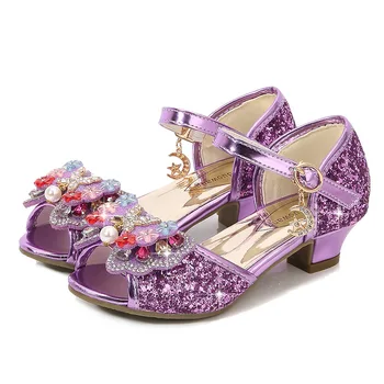 Новые брендовые летние сандалии, детская кожаная обувь для девочек, банкетная вечеринка с блестящими кристаллами, детские босоножки на высоком каблуке, обувь принцессы