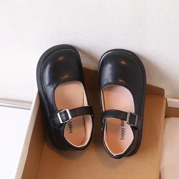 Универсальная однотонная черная повседневная обувь для мальчиков, простая детская модная кожаная обувь с пряжкой 2023 года для девочек, прямая доставка