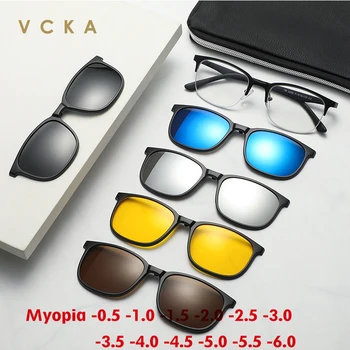 Солнцезащитные очки VCKA для близорукости в оправе с квадратным магнитным зажимом, Оптические очки 6 в 1, Набор поляризованных очков для женщин и мужчин, от -0,5 до -10