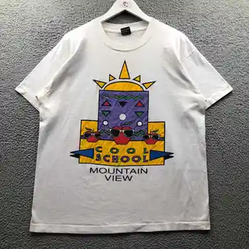 Винтажная футболка 90-х Cool School Mountain View Мужская XL с коротким рукавом и рисунком белого цвета