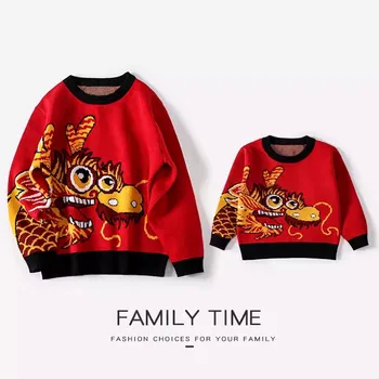 Семейный свитер с длинными рукавами в Год Дракона, Китайский Лунный Новый год, Одинаковая одежда для папы, мамы и дочки, сына, вязаные топы для родителей и детей
