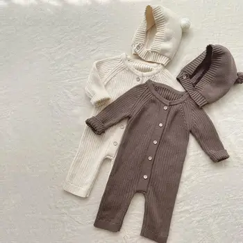 Осенне-зимняя одежда для новорожденных из двух предметов, Бежево-коричневый однобортный вязаный комбинезон с шапками в форме медвежьих ушей.
