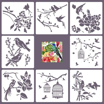 Шаблон с полыми цветами и птицами, трафарет, многоразовый на обоях, открытка, холст, 8X
