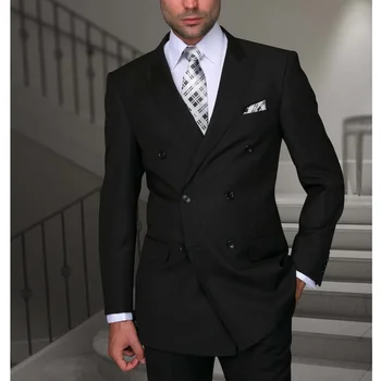 Двубортные мужские костюмы с отворотом черного цвета, классические нарядные повседневные наряды, Элегантный Свадебный смокинг Жениха, Блейзер из 2 частей с брюками
