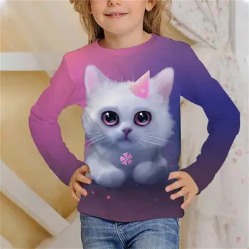 Длинная футболка с 3D Принтом Kawaii Cat, Детская Летняя Модная Повседневная футболка Для мальчиков и девочек, Унисекс, Детская одежда, Футболка, Одежда Для девочек, Топы