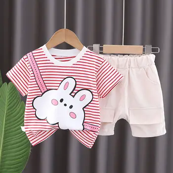 Летняя Детская одежда с коротким рукавом для девочек, Летний комплект 2023 года, Модный Детский комплект из двух предметов