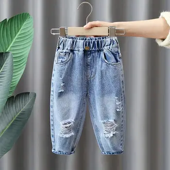 Детские джинсы 2023, Весна и осень, Новые крутые и красивые Модные штаны с перфорацией для мальчиков, Детские брюки