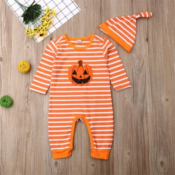 Одежда для маленьких мальчиков на Хэллоуин, ползунки с длинными рукавами и полосатым принтом в виде тыквы, комбинезон и шапочка для осеннего наряда для малышей