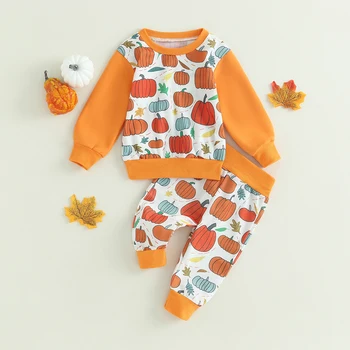 BeQeuewll/ Осенние наряды для Хэллоуина для маленьких мальчиков и девочек, толстовка с длинными рукавами и штаны с принтом тыквы, комплект одежды для новорожденных