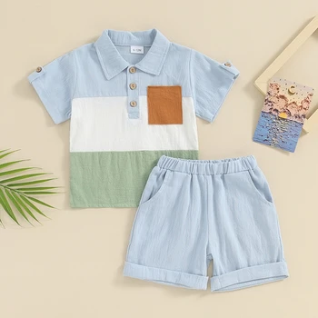 Наряд для маленьких мальчиков, топы с короткими рукавами и лацканами контрастного цвета, Однотонные комплекты шорт, летняя одежда