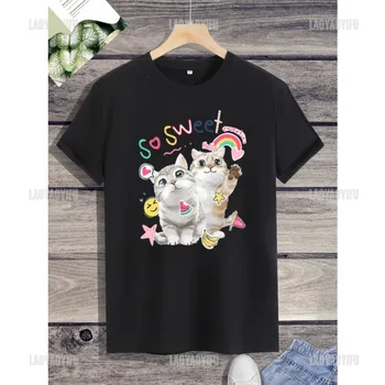 Классическая свободная рубашка унисекс с круглым вырезом, повседневная одежда Harajuku Kawaii, Уникальная горячая распродажа, футболка с принтом милых кошек и собак, топ