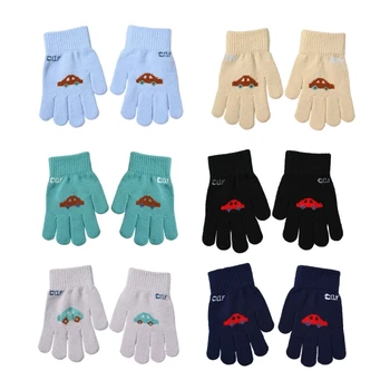 1 пара детских вязаных перчаток, зимние эластичные перчатки с полными пальцами, теплые и стильные варежки с мультяшным автомобильным декором, Однотонные